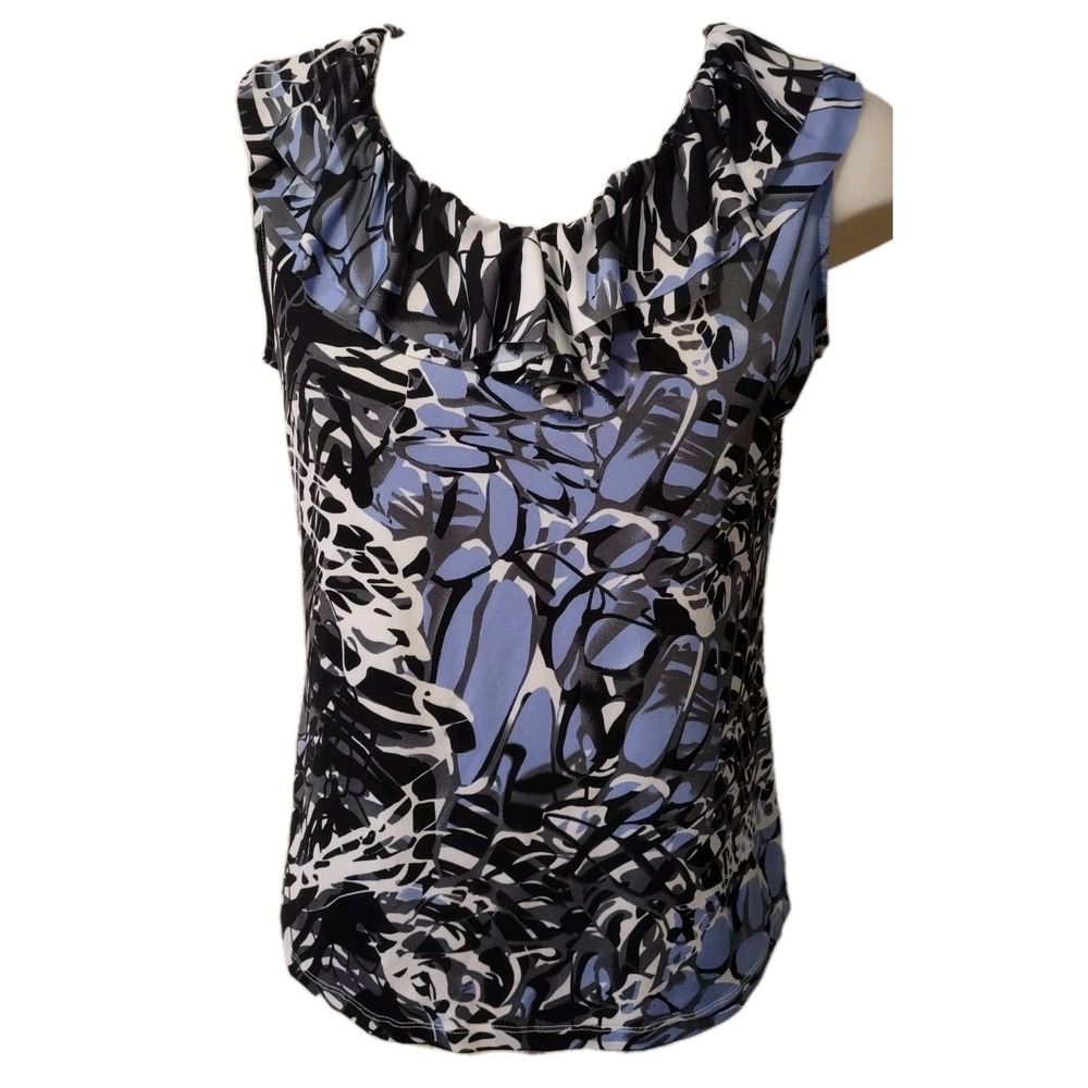 Fashion Bug Sleeveless Blouse Womens Size Large Blue White Black Abstract V-Neck